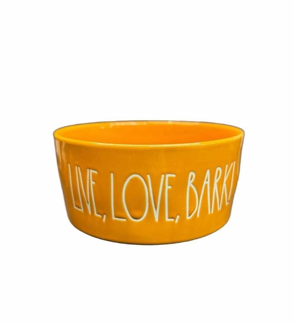 M size Rae Dunn Live Love Bark Orange Ceramic Dog Bowl